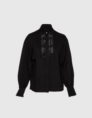 Lace And Embroidered Detailed Voluminous Sleeve Black Poplin Shirt
