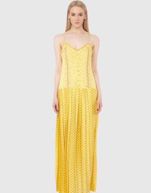 Strap Pleated Fabric Buttoned Yellow Dress