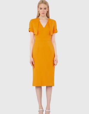 Embroidered Collar Detailed Midi Length Orange Dress