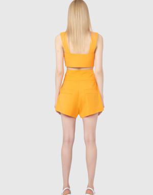 Metallic Button Detailed Yüksel Waist Orange Shorts