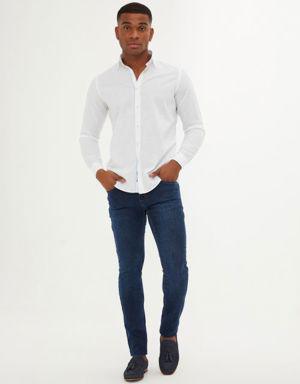 Beyaz Slim Fit Düz 100% Pamuk Uzun Kol Spor Gömlek