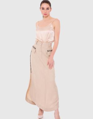 Beige Skirt With Ribbon And Bead Detail Ankle Length Side Slits