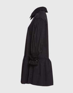 Collar Detailed Long Sleeve Mini Black Dress