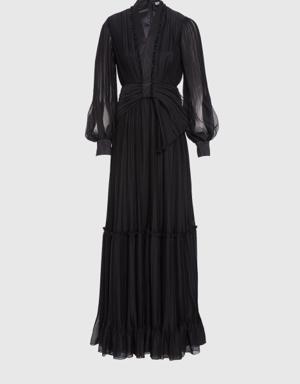 V Neck Pleated Detailed Black Long Evening Dress