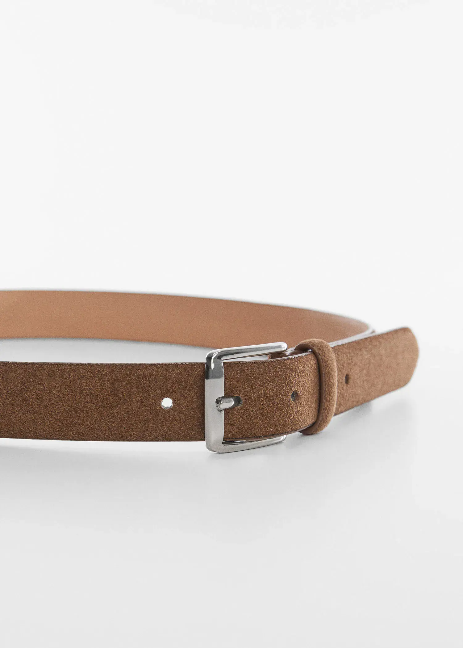 Mango Suede belt. a close-up of a brown belt with a silver buckle. 