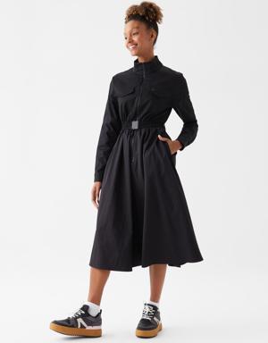 Kadın Loose Fit Uzun Kollu Gömlek Yaka Siyah Elbise