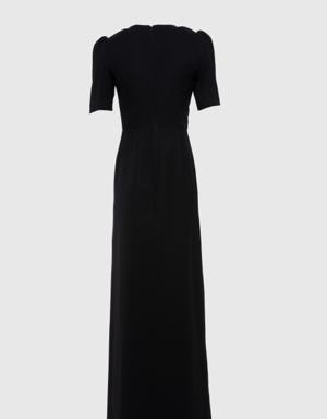 Front Double Slit Embroidered Detailed Black Evening Dress