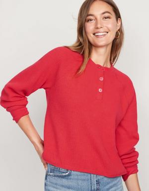 Thermal-Knit Raglan-Sleeve Henley T-Shirt for Women pink