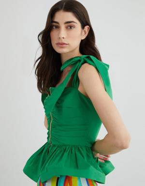 Green Taffeta Blouse With Front Zipper With Shoulder Closure Detail