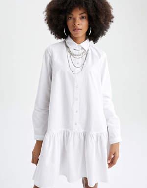 Volan Detaylı Gömlek Yaka Uzun Kollu Poplin Yazlık Gömlek Mini Elbise