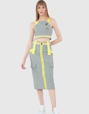 Neon Band Detail Diving Fabric Midi Length Narrow Beige Skirt
