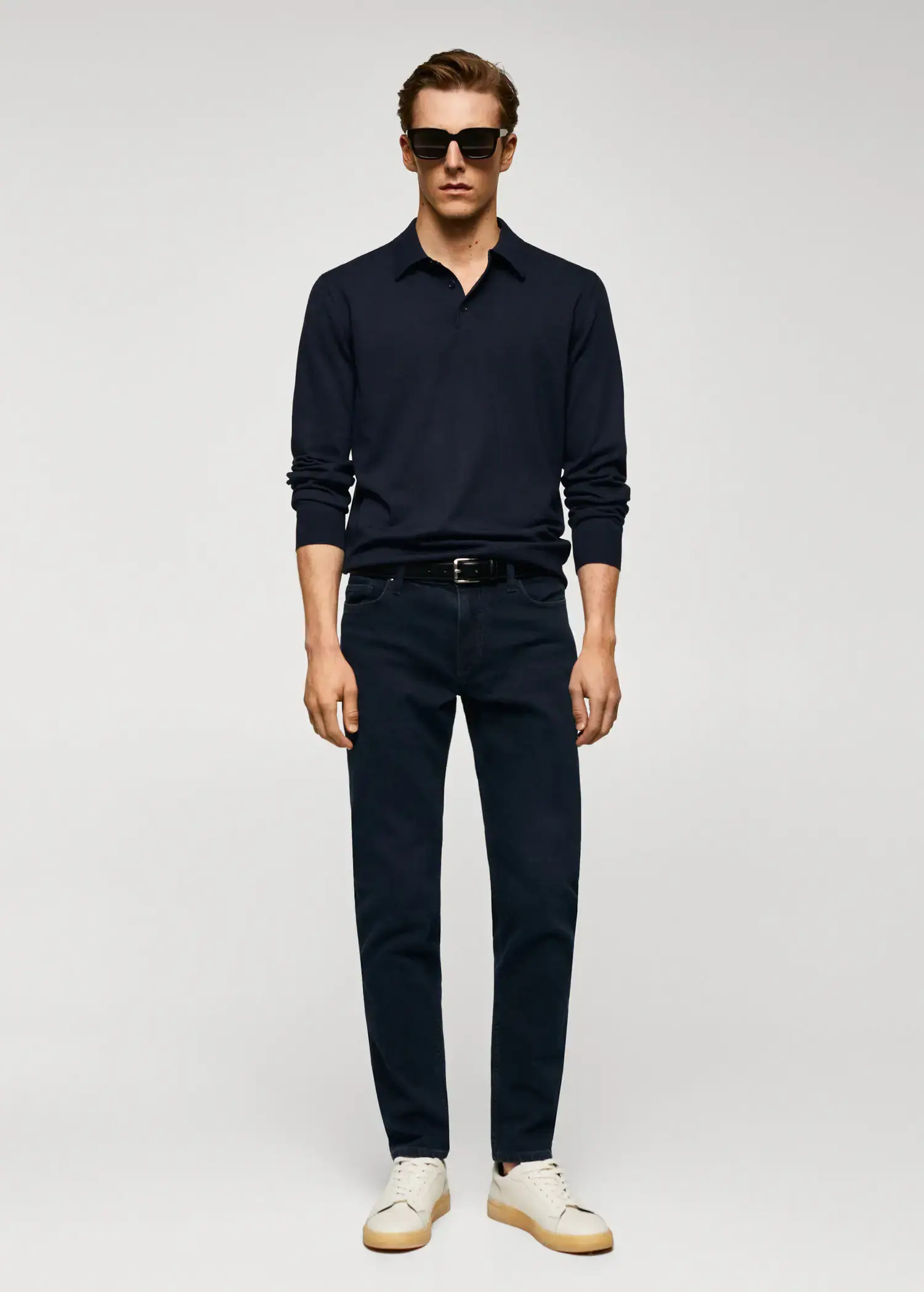 Mango Jan slim-fit jeans. a man wearing a black shirt and black pants. 