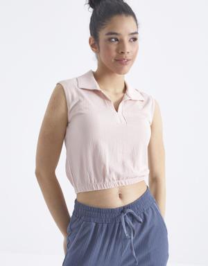 Somon Polo Yaka Beli Lastikli Bürümcük Kumaş Kadın Crop Top T-Shirt - 97223