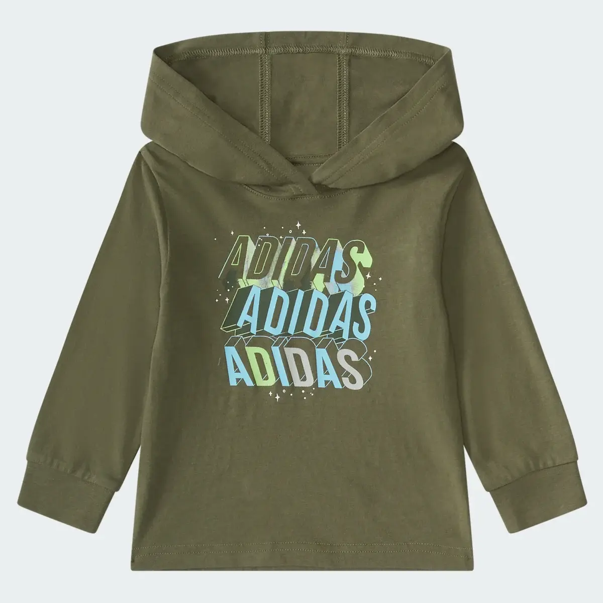 Adidas Two-Piece Long Sleeve Graphic Hooded Tee and Pant Set. 2