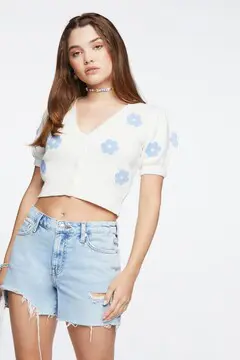 Forever 21 Forever 21 Floral Cropped Cardigan Sweater Cream/Blue. 2