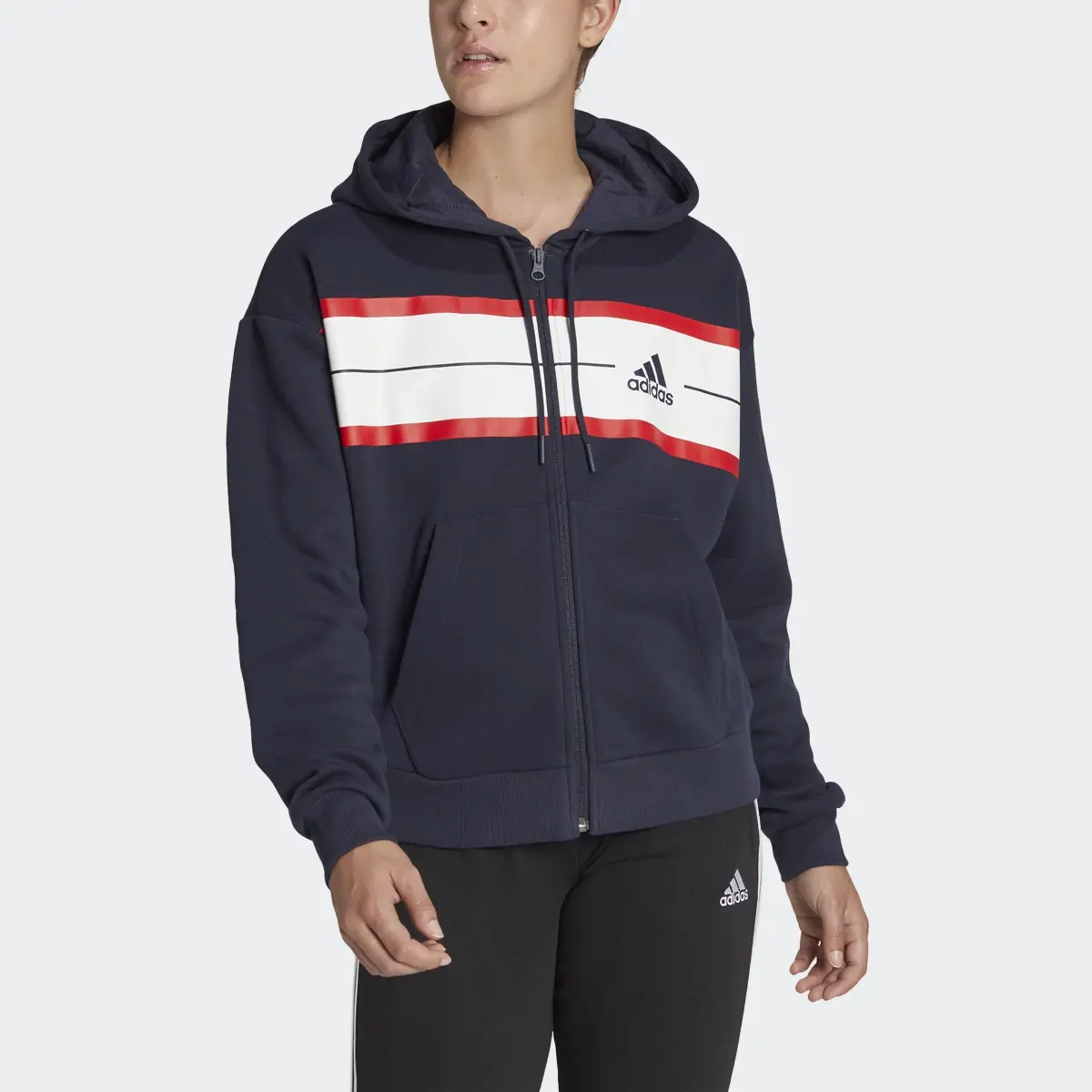 Adidas Veste à capuche en molleton ample et zippée à fines rayures colorblock Essentials. 1