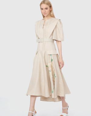 Embroidery And Embroidery Detailed Collar Ribbed Midi Length Linen Beige Dress