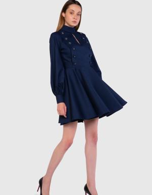 Button And Balloon Sleeve Detailed Navy Blue Dress