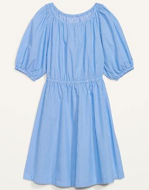 Waist-Defined Puff-Sleeve Striped Cotton-Poplin Mini Dress for Women