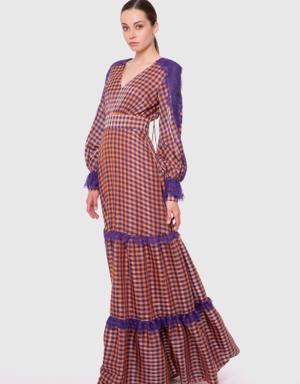 Lace Detailed V Neck Long Plaid Orange-Powder Dress