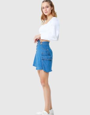 Blue Mini Skirt With Asymmetric Double Breasted Closure Jetting Pocket Detail