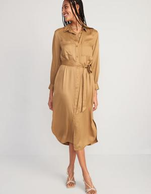 Tie-Belt Midi Shirt Dress for Women yellow