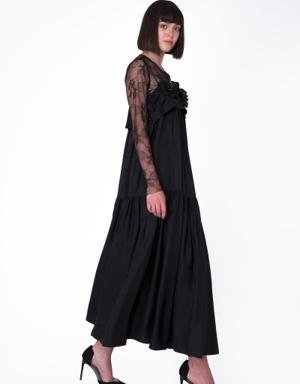 Lace Top Detailed Floral Appliqué Long Black Dress