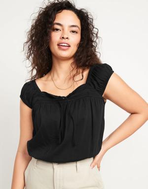 Cap-Sleeve Cropped Pintucked Poet Blouse for Women black