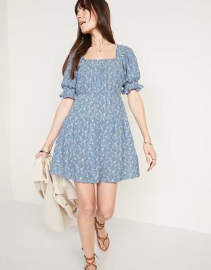 Puff-Sleeve Tiered Mini Swing Dress for Women blue