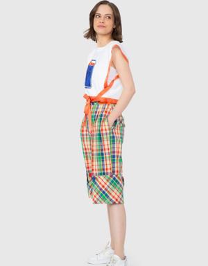 Button And Embroidery Detail Plaid Linen Shorts