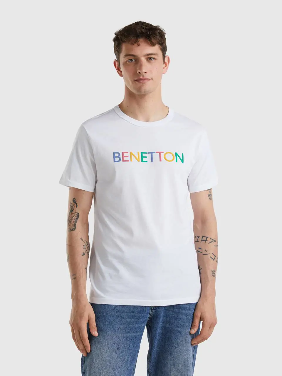 Benetton white t-shirt in organic cotton with multicolored logo. 1