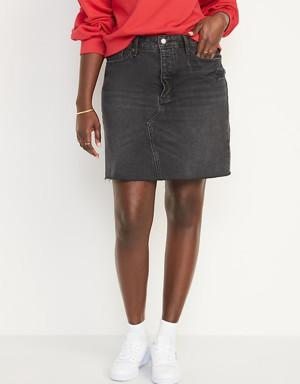 Higher High-Waisted Button-Fly Black Frayed-Hem Jean Skirt for Women