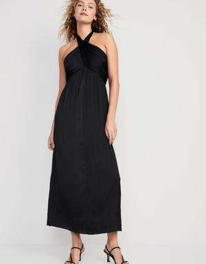 Fit & Flare Wrap-Neck Satin Maxi Dress for Women black