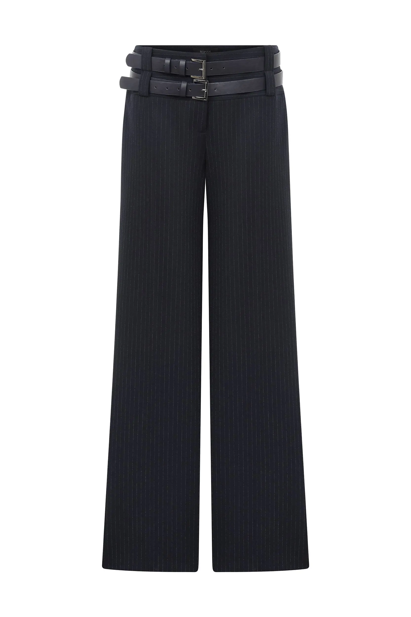 Roman Double Belt Striped Navy Blue Formal Pants - 2 / Navy. 1