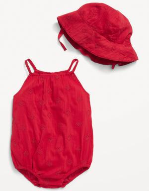 Sleeveless Embroidered Floral Eyelet One-Piece Romper & Bucket Hat Set for Baby red