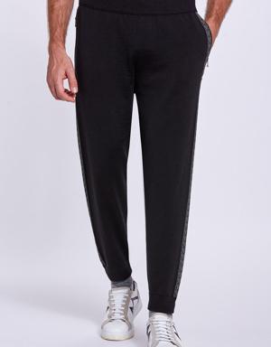 Şerit Detaylı Siyah Merino Yün Triko Spor Pantolon