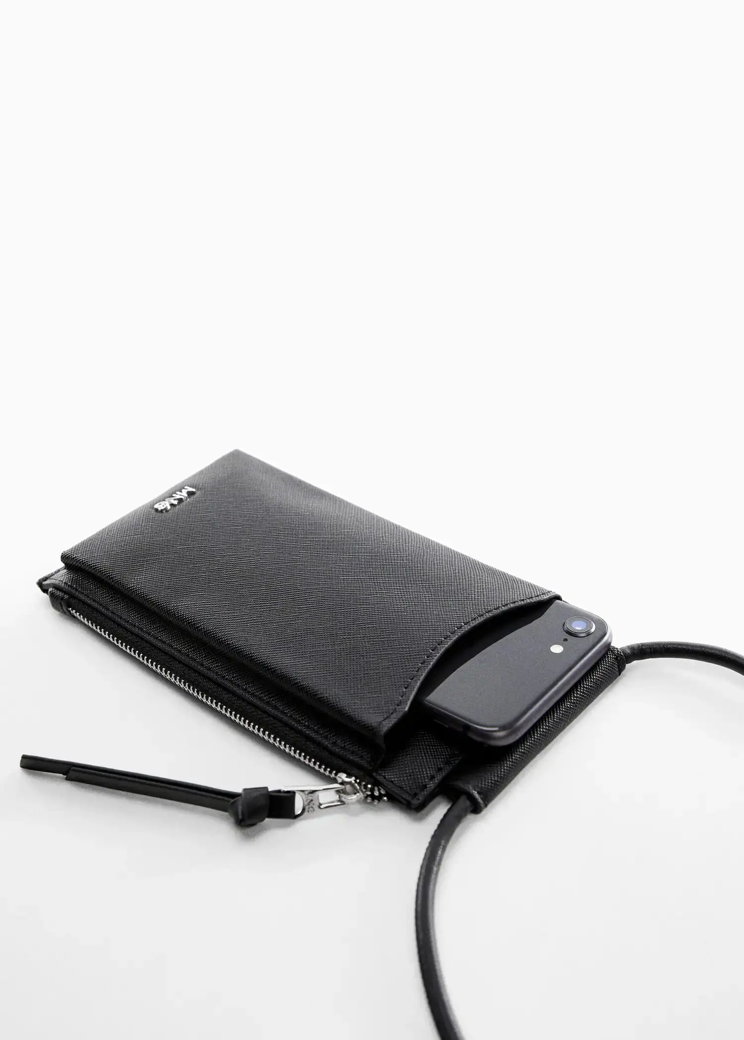 Mango Saffiano-effect mobile case. a cell phone in a black leather purse. 