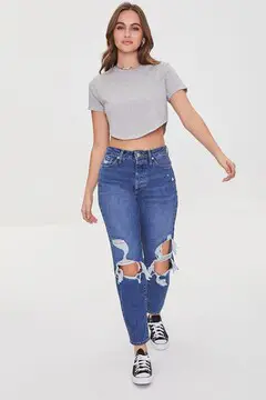 Forever 21 Forever 21 Recycled Cotton Distressed Mom Jeans Dark Denim. 2
