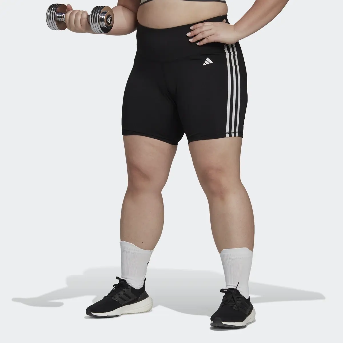 Adidas Training Essentials 3-Stripes High-Waisted Short Leggings (Plus Size). 1