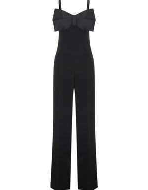 Satin Bow Detailed Black Crepe Jumpsuit