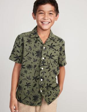 Old Navy Short-Sleeve Printed Linen-Blend Camp Shirt for Boys green