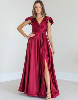 Kruvaze Uzun Saten Abiye - BORDO - CANLI MODA