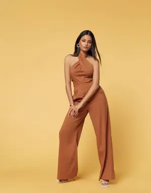 Forever 21 Poplin Halter Wide Leg Jumpsuit Brown