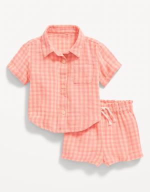 Printed Short-Sleeve Double-Weave Pocket Shirt & Shorts Set for Baby orange