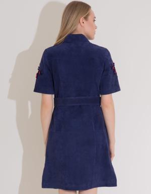 Embroidery Detailed Zippered Suede Navy Blue Dress