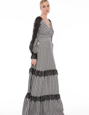 Lace Detailed V-Neck Long Plaid Black-White Dress