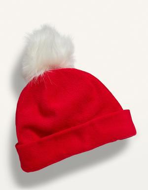 Cozy Micro Fleece Faux-Fur Pom-Pom Beanie for Girls red