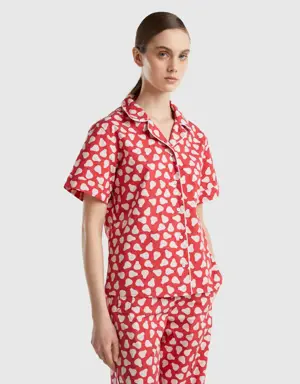 red shirt with pear pattern