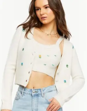 Forever 21 Floral Beaded Cardigan Sweater Ivory