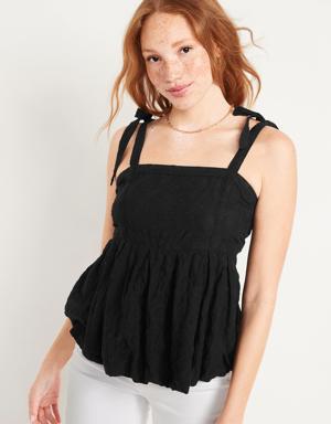 Tie-Shoulder Embroidered Babydoll Cami Swing Top for Women black